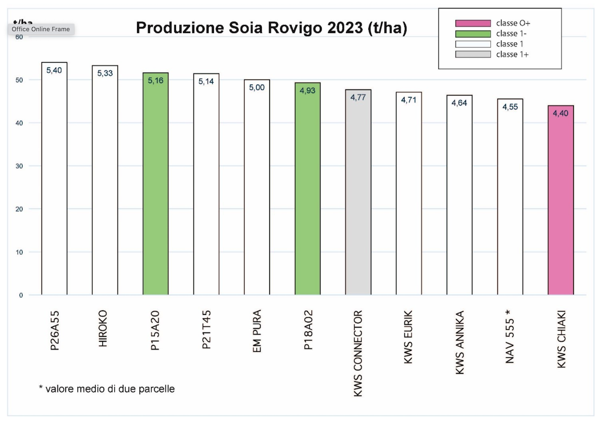 Grafico della produzione di soia (tonnellata/ettaro) registrata a Rovigo nei dodici parcelloni (dieci parcelle singole da 1000 m2, la varietà NAV 555 è stata ripetuta due volte). Umidità ponderata al 10%